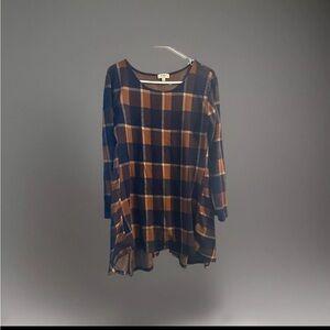 Umgee Shirt Large  Plaid Knit Navy Blue Brown Peplum Top Long Sleeve Academia